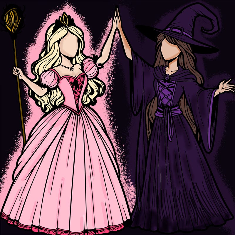 detailed realistic split of a princess and a witch