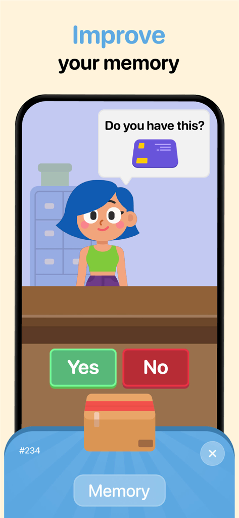 Thinky: Brain Training - Interface of a memory improvement game in the Thinky app featuring a character and yes or no choices