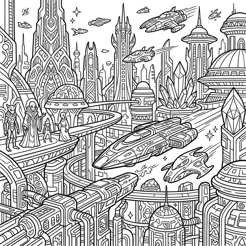 Unleash your imagination with this captivating digital sci-fi scene. Explore a futuristic metropolis filled with towering buildings, advanced spaceships, and intriguing alien life.