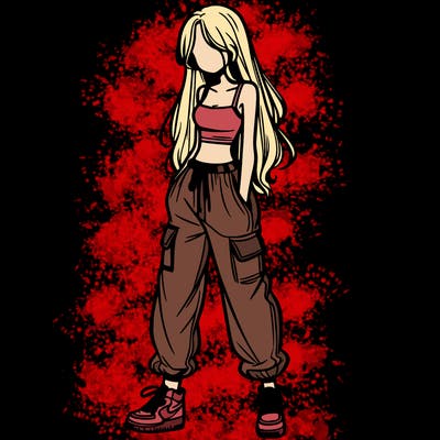 girl in baggy pants crop top and long hair