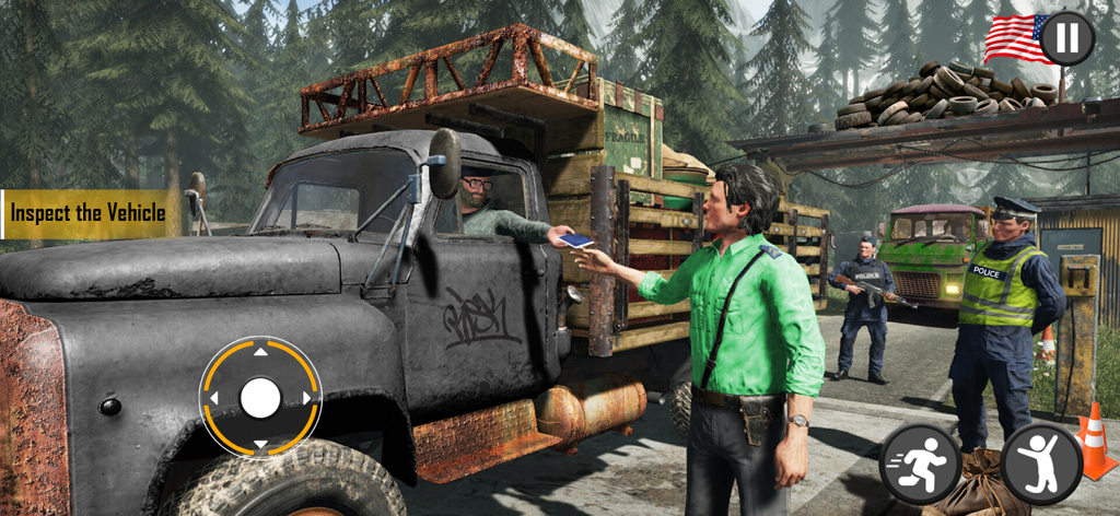 A border patrol officer checks a driver's documents at a vehicle inspection checkpoint