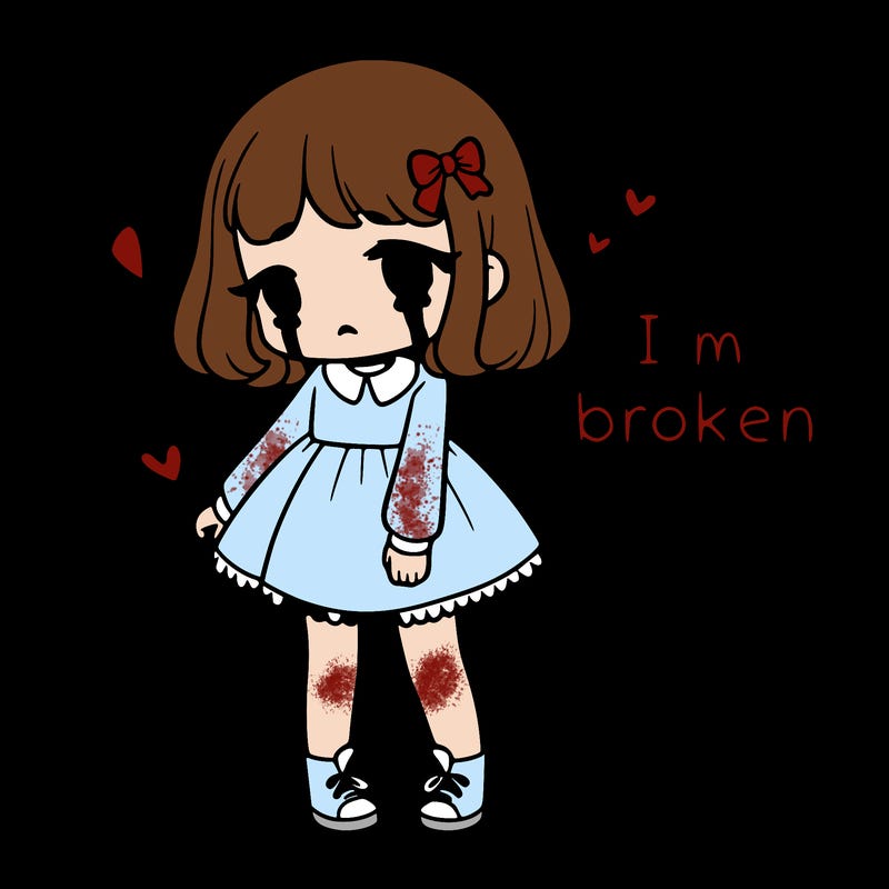 sad girl with the words i'm broken above her