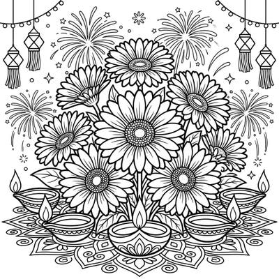 Immerse yourself in the joy of Diwali with this vibrant coloring page featuring a bountiful bouquet of Gerbera daisies. Adorned with traditional diyas, intricate rangoli, and celebratory fireworks, it offers a delightful blend of floral beauty and festive cheer.