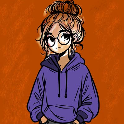 teen girl with a messy bun and glasses wearing a loose hoodie and jeans