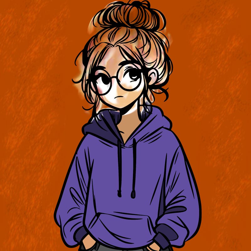 teen girl with a messy bun and glasses wearing a loose hoodie and jeans