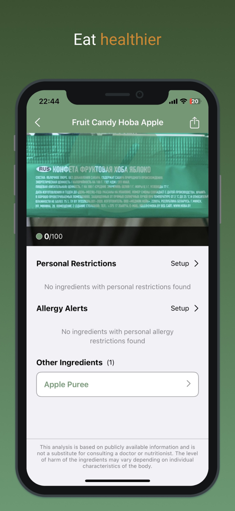 HealthifyScan: AI Food Checker - HealthifyScan app interface showing an AI-powered ingredient analysis of a food label with personalized health alerts.