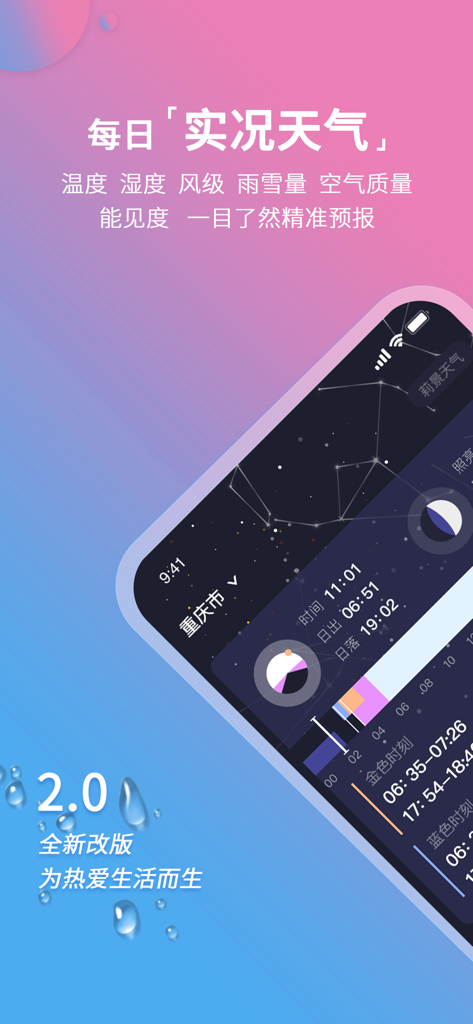 莉景天气 - Interfaz de la aplicación Lijing Weather mostrando horarios de hora dorada para fotografía y cartas estelares astronómicas.