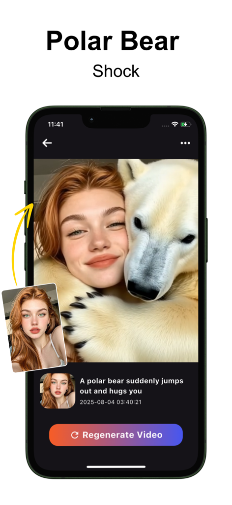 Aureel - Ai Video Generator - Interfaz de la aplicación generadora de vídeos IA Aureel que muestra un oso polar realista abrazando a una mujer creada a partir de una foto