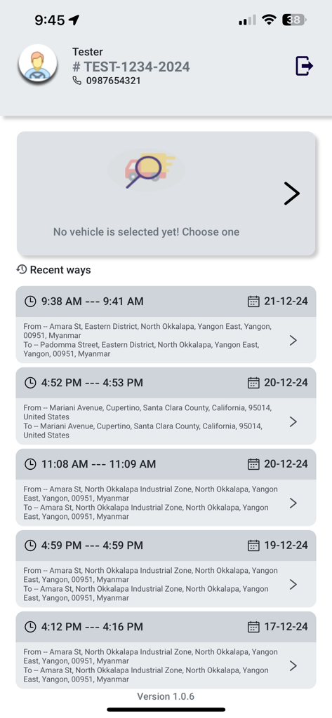 Painel do aplicativo Royal Express Transport mostrando pontos de passagem recentes e registros de histórico de viagens