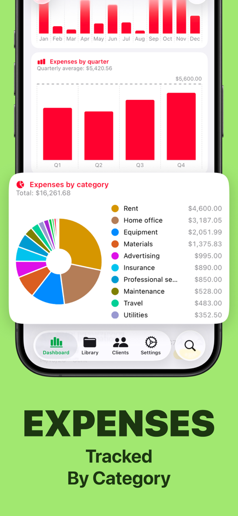 Invoice.app: Receipt Generator - Financial dashboard of Invoice.app showing expense reports with monthly and quarterly bar charts and a categorized pie chart
