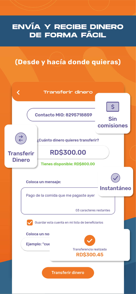 MIO Banreservas Billetera - MIO Banreservas app interface showing an easy and instant money transfer screen without commissions