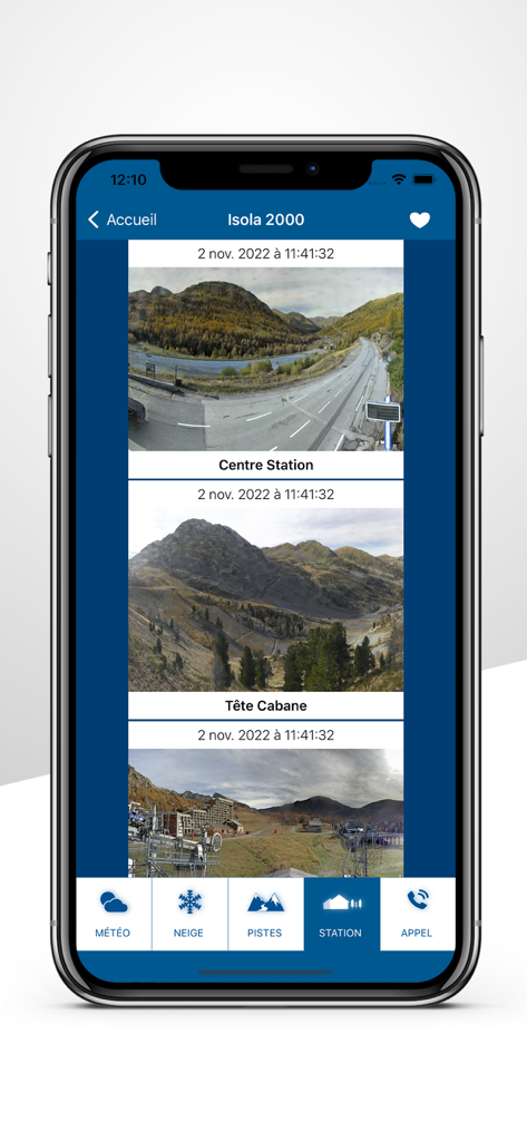Meteo-France Ski app showing live webcams for Isola 2000.