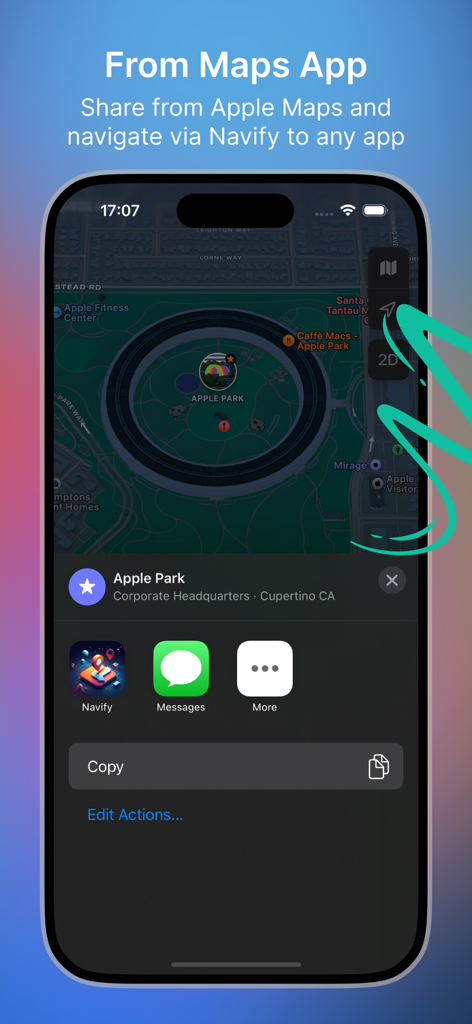 Screenshot, der das Navify App-Symbol im iOS Teilen-Menü zur Freigabe eines Standorts aus Apple Maps zeigt.