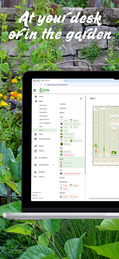 grove: Companion Plant Planner - A laptop displaying the grove garden planning interface in a lush backyard garden setting.
