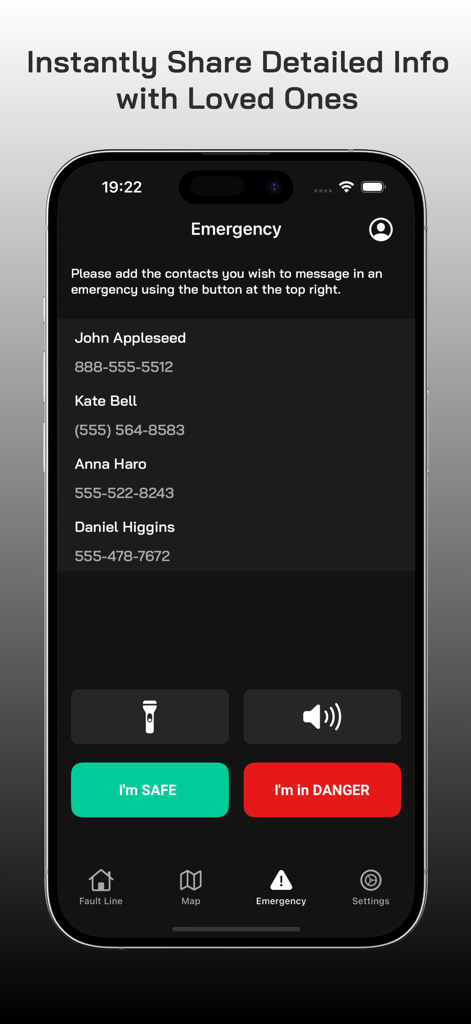 Fault Line - Earthquakes - Fault Line app emergency interface showing safety status buttons and emergency contacts list