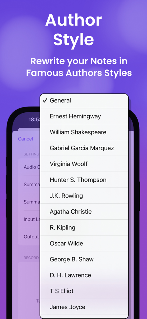 Ein Menü in der Transcribe AI App, das Optionen zum Umschreiben von Notizen im Stil berühmter Autoren wie Hemingway und Shakespeare zeigt.