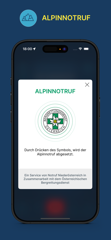 Alpine emergency call interface with Austrian Mountain Rescue Service logo