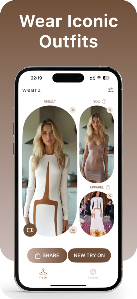 wearz - Wearing outfit & style - Wearz app interface showing a virtual try on result of an iconic white dress on a user profile