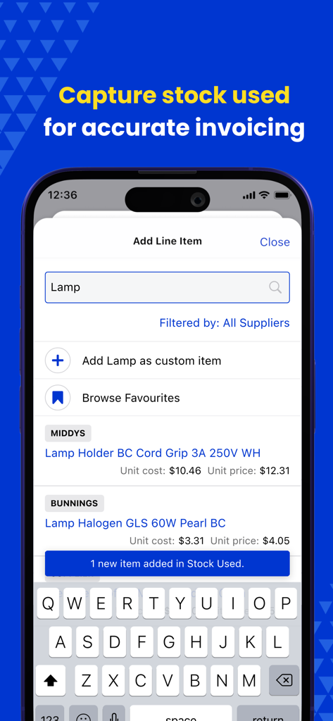 Fergus Go app screen showing how to capture stock used for accurate invoicing