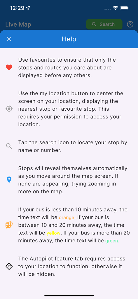 London Transit LTC Live - Help screen of the London Transit LTC Live app explaining features like favorites and arrival time color codes