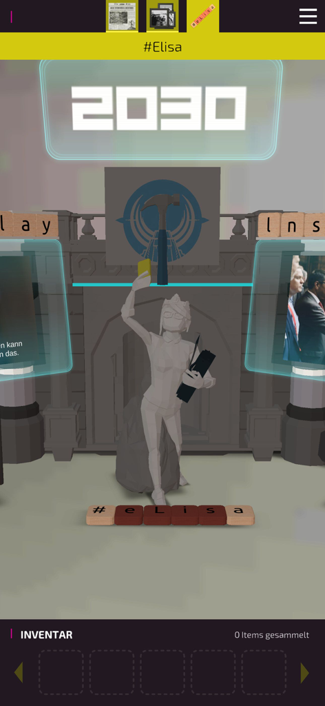 Escape Fake augmented reality game scene featuring the year 2030 and a statue in the Elisa room