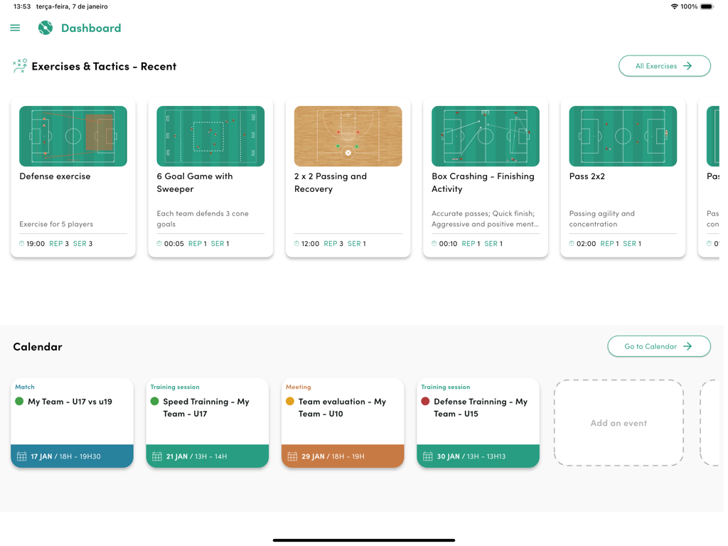 Dashboard view of the Tactical Boards app showing a collection of sports training exercises and an integrated team calendar.