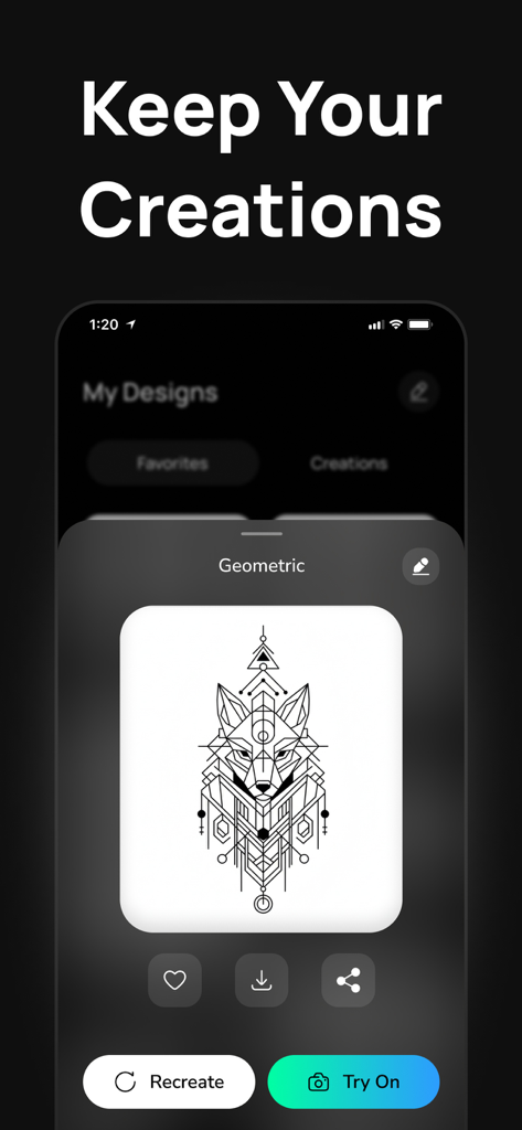 Ink4アプリのインターフェースに、マイデザインギャラリーに保存された幾何学的な狼のタトゥーデザインが表示されている