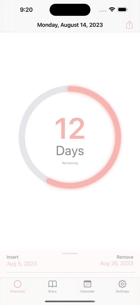 MyRing - contraceptive ring - Overview screen of the MyRing app showing a countdown of twelve days remaining in the contraceptive ring cycle