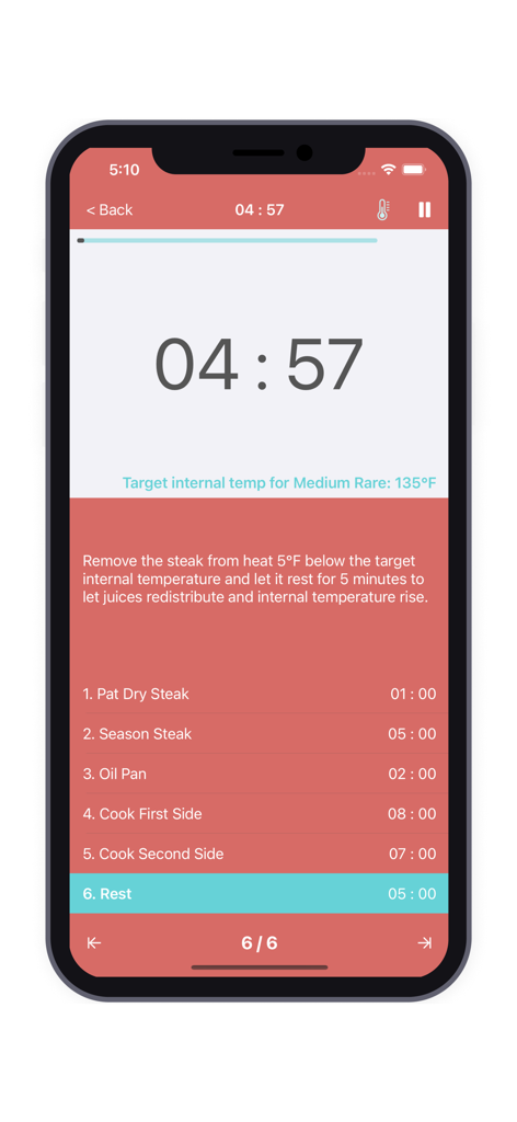 Interfaz de la aplicación móvil Steak Timer mostrando una cuenta regresiva de la fase de reposo para un filete a medio poco con instrucciones detalladas
