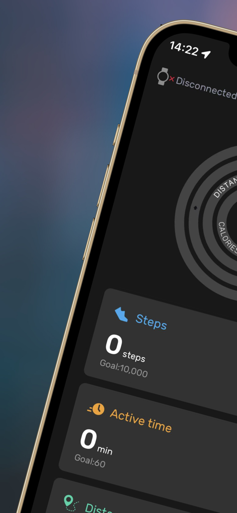 NORM Connect - Interface of NORM Connect app showing tracking metrics for steps and active time on a smartphone