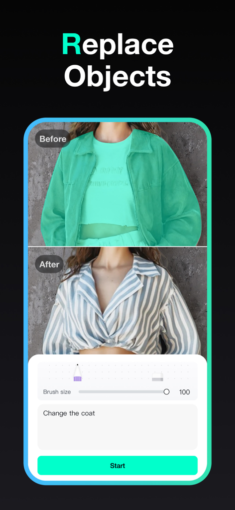 insMind: AI Photo Video Studio - Before and after comparison showing the insMind AI tool replacing a green coat with a striped shirt.