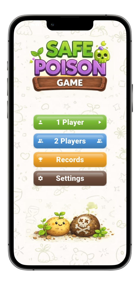 Safe or Poison game - Safe or Poisonモバイルゲームのメインメニュー画面。シングルおよびローカルマルチプレイヤーモードのオプションが表示されている