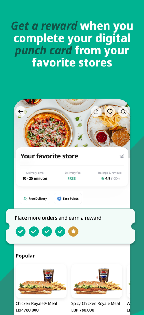 Toters app interface showing a digital punch card and rewards program for food delivery