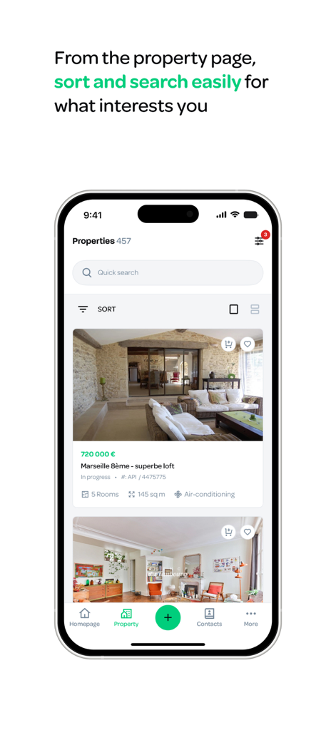 Apimo - Apimo mobile app property page displaying real estate listings with search and sorting options.