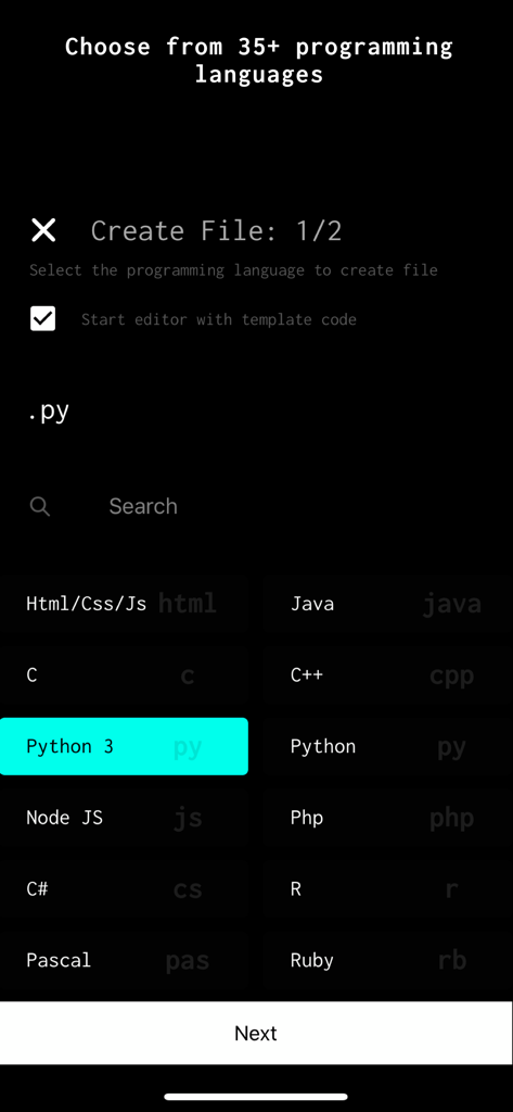 Pantalla para seleccionar un lenguaje de programación entre más de 35 opciones en el IDE móvil Dcoder