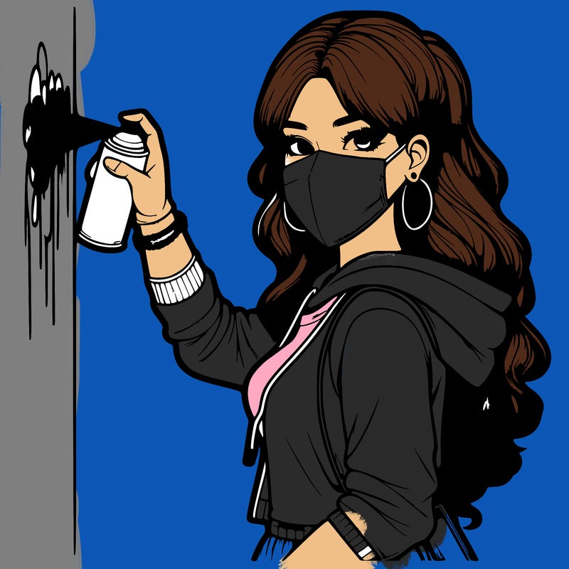 realistic girl with mask spray painting a wall