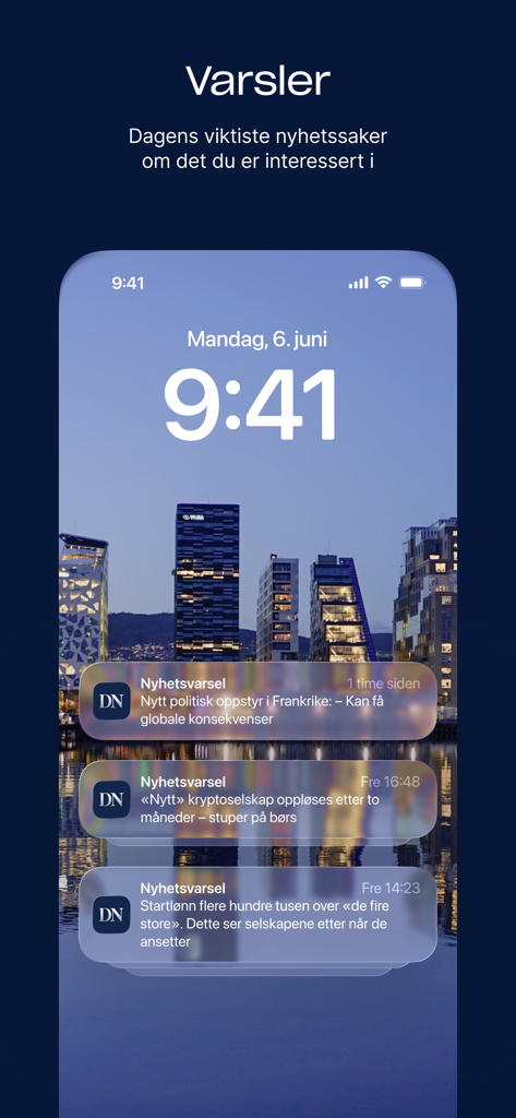 iPhone-Sperrbildschirm mit Echtzeit-Business-Nachrichtenbenachrichtigungen von der DN-App