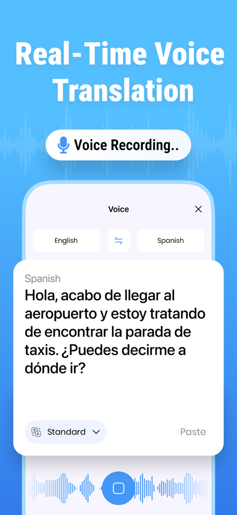Interfaccia di traduzione vocale in tempo reale per l'app GO Translate AI.
