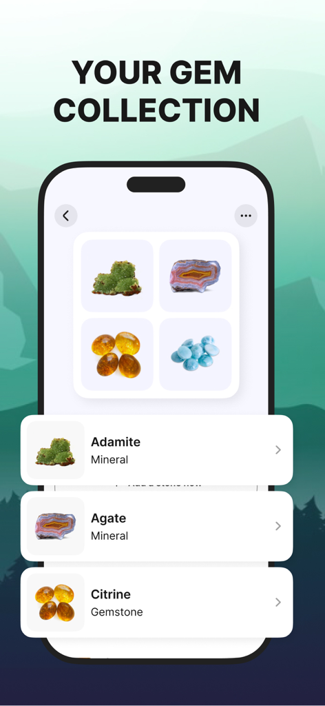 Rock Finder: Stone Identifier - Rock Finder app interface displaying a personal collection of identified minerals and gemstones like Agate and Citrine