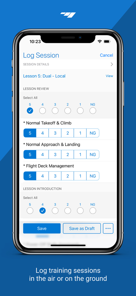 Flight Schedule Pro - A screenshot of the Flight Schedule Pro mobile app displaying a training log session with lesson review ratings for pilot maneuvers.