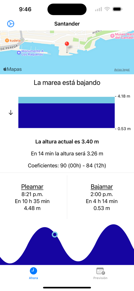 Mareas - Mareas mobile app interface displaying tide levels and forecast for Santander port