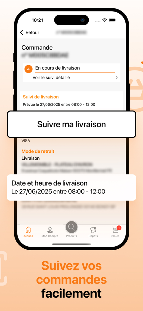 Order tracking interface on La Plateforme du Batiment mobile app