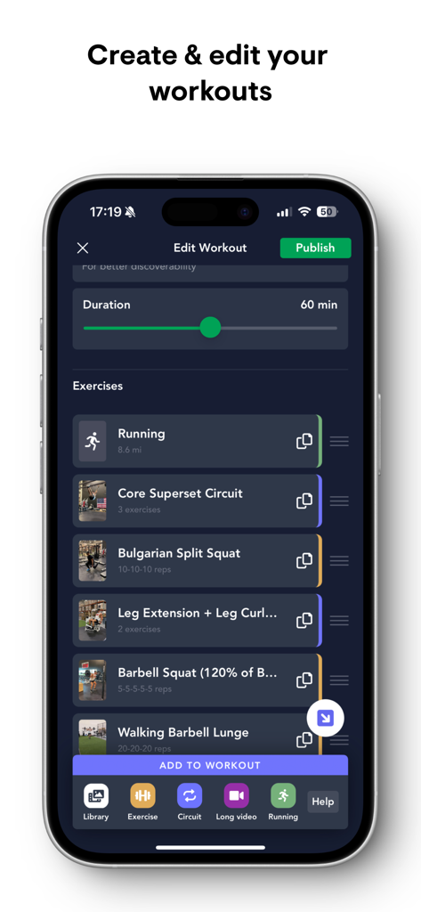 Playbook Creator - Playbook Creator app interface for editing and publishing fitness workouts