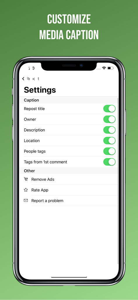 Schermata delle impostazioni per personalizzare le didascalie dei media con interruttori per il titolo del proprietario del repost e i tag nell'app Easy Repost