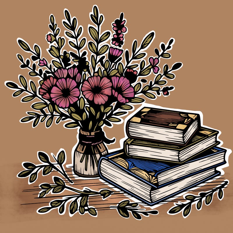 rustic books and flowers realistic