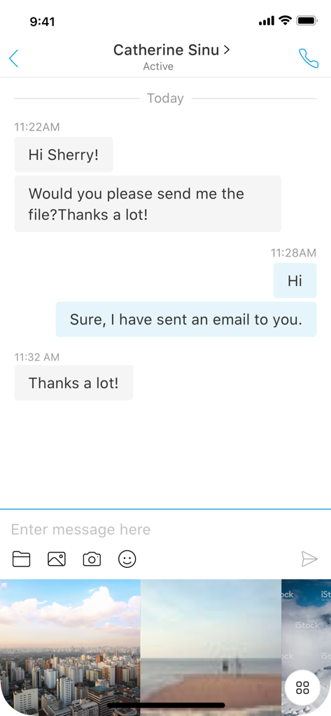 Cisco Jabber mobile app chat screen showing instant messaging and photo sharing gallery