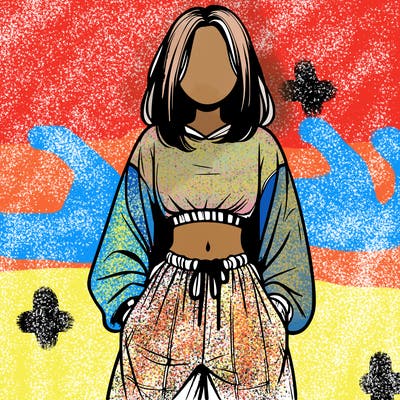 realistic girl faceless with baggy pants and a crop top