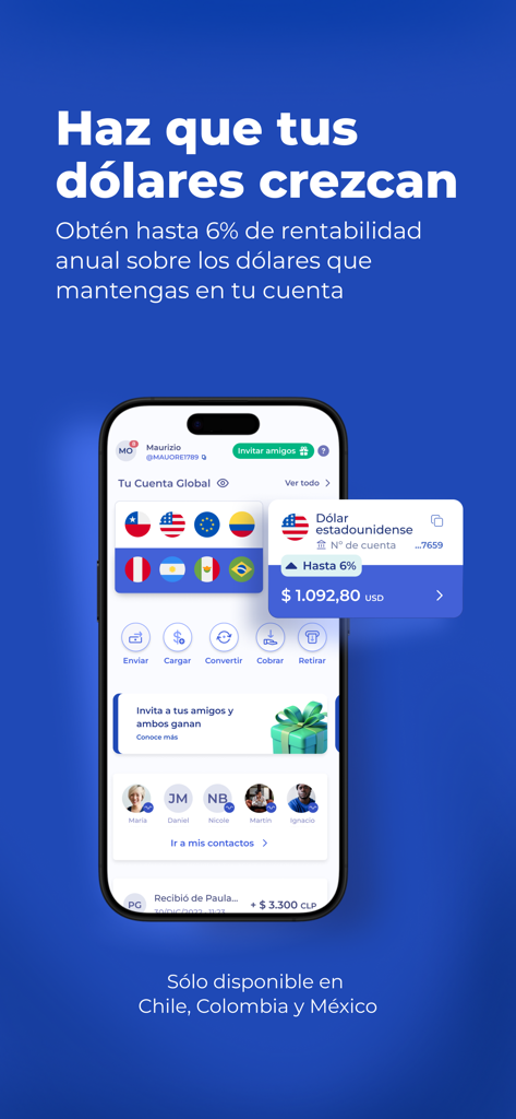 Interface de l'application mobile Global66 montrant un compte en dollars américains avec un intérêt annuel de six pour cent.