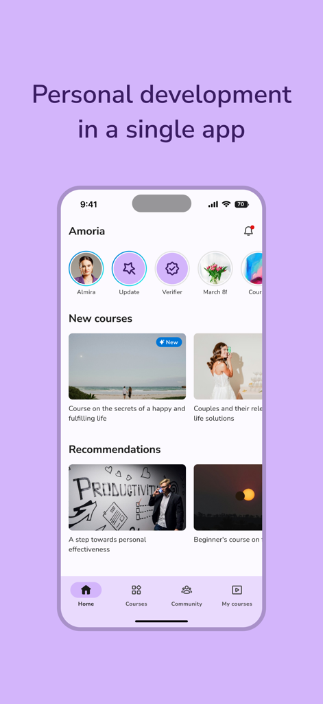 Amoria - La pantalla de inicio de la aplicación Amoria que muestra cursos y recomendaciones de desarrollo personal en un iPhone.