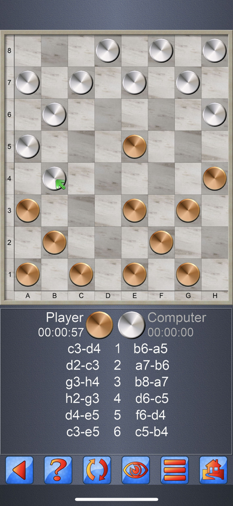 Classic checkers game interface showing a marble board with copper and white pieces and a move history log.